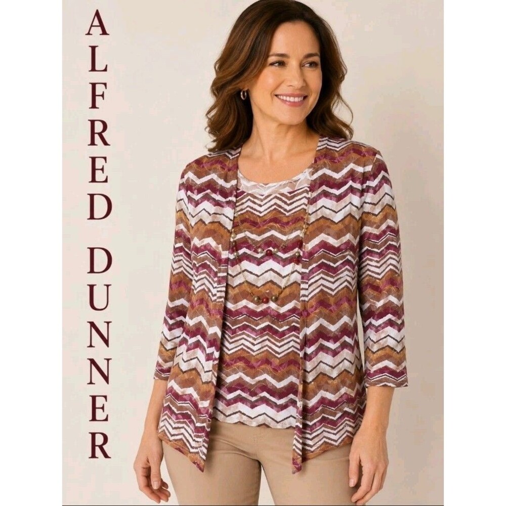 NWT Alfred Dunner Womens PM 2FER 3/4 Sleeve Necklace Stretch Multi Striped Top